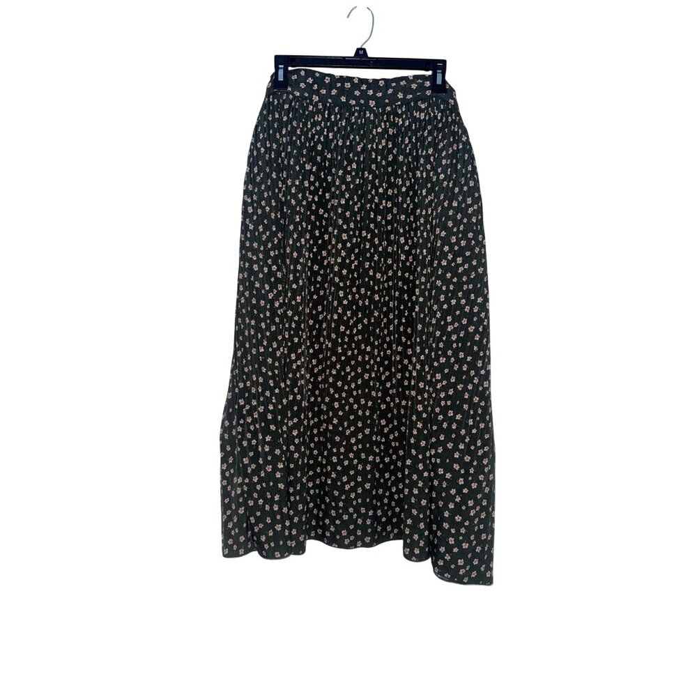 Floral Pleated Midi Skirt Green With Pink & White Flowers Large 100% Cotton Vint - Picture 1 of 6